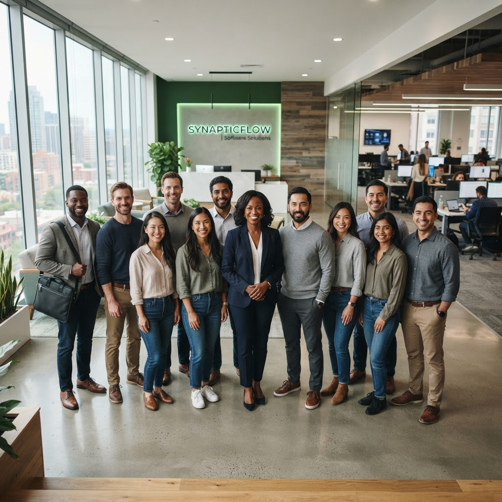 Diverse software company team standing together in a modern office