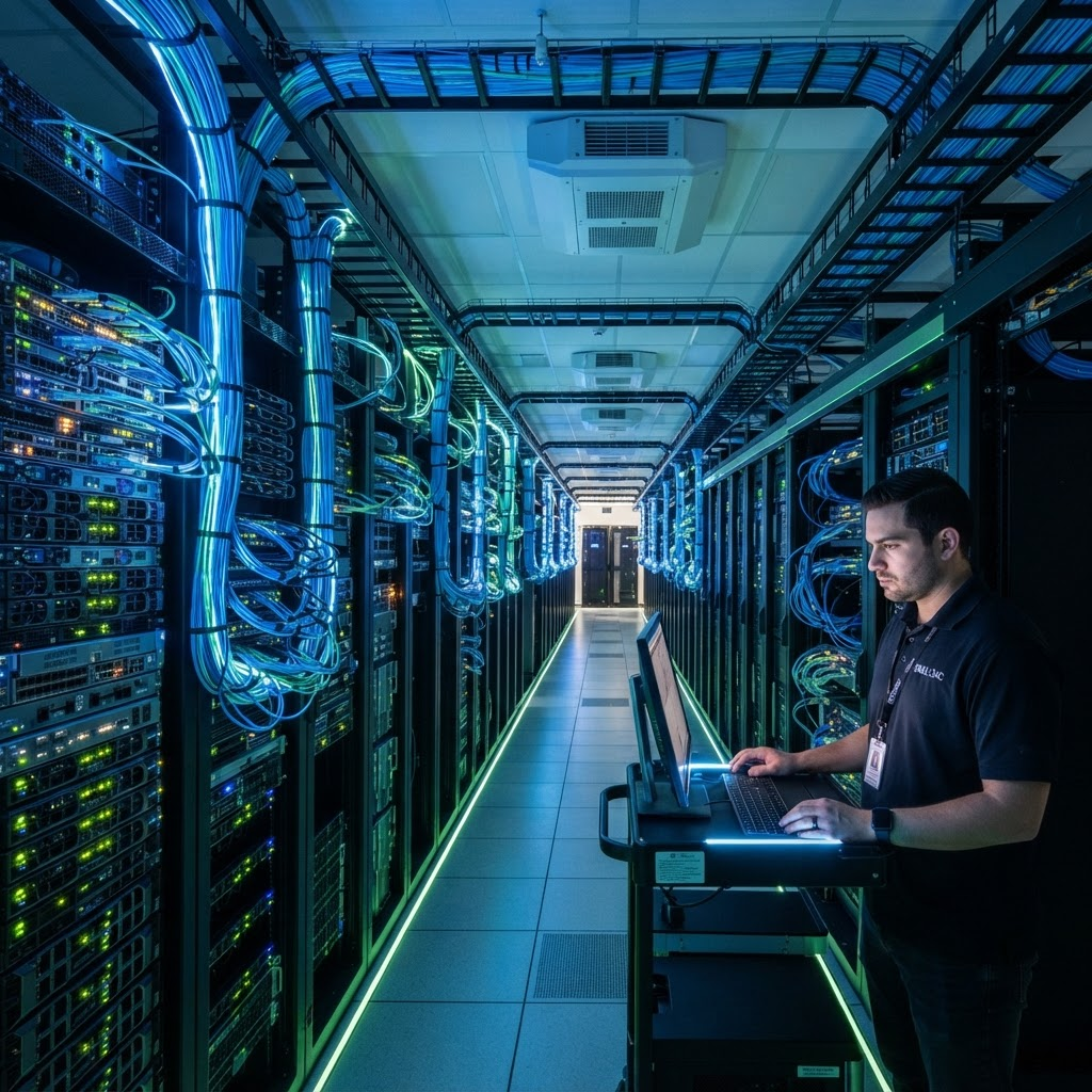 Data center servers with glowing network connectivity