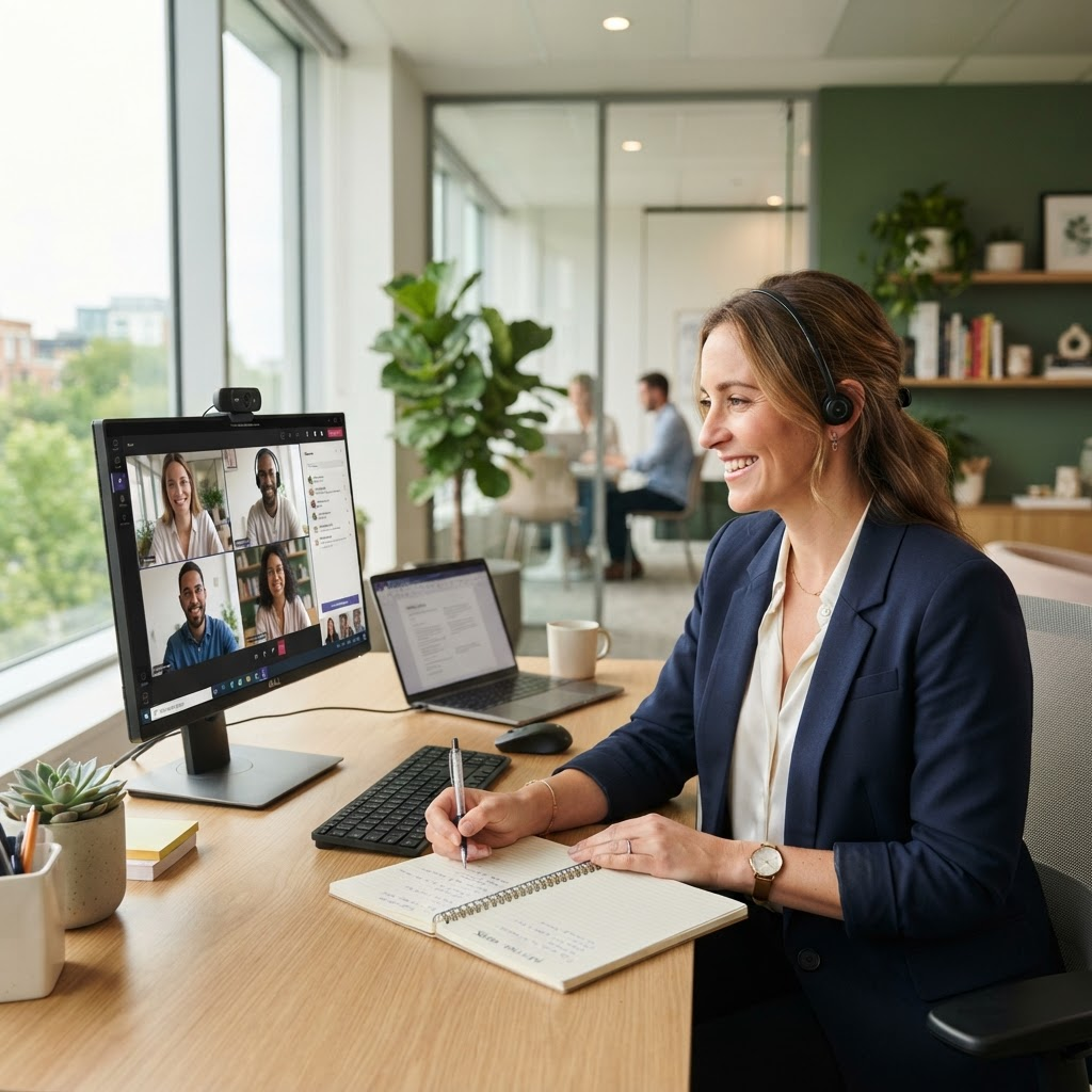 Business professional on a video call in a bright modern office