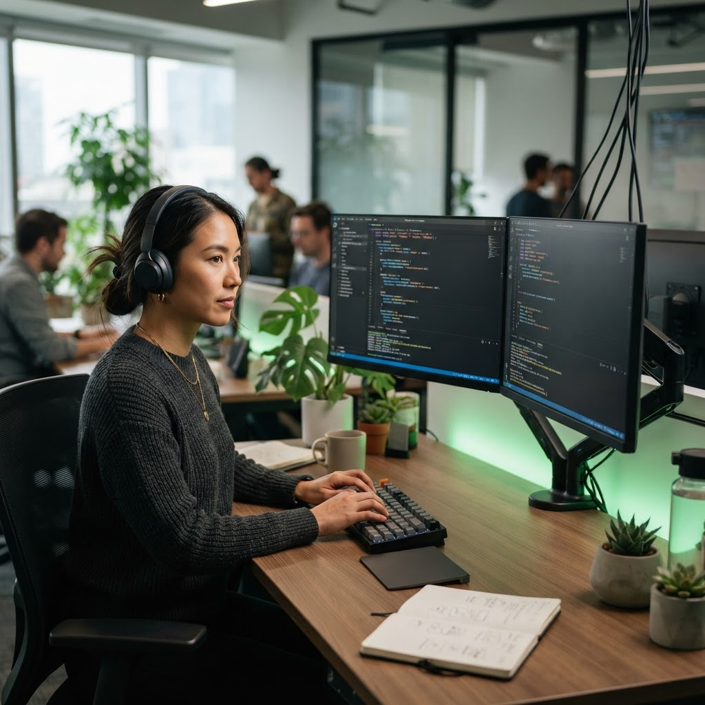 Software developer writing code on a dual-monitor setup