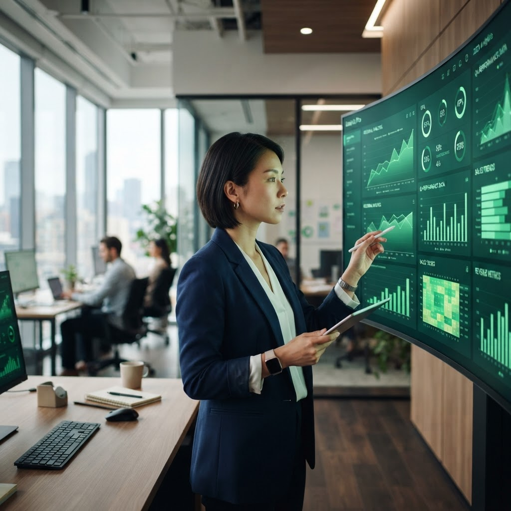Analyst reviewing data dashboards and charts on large screens