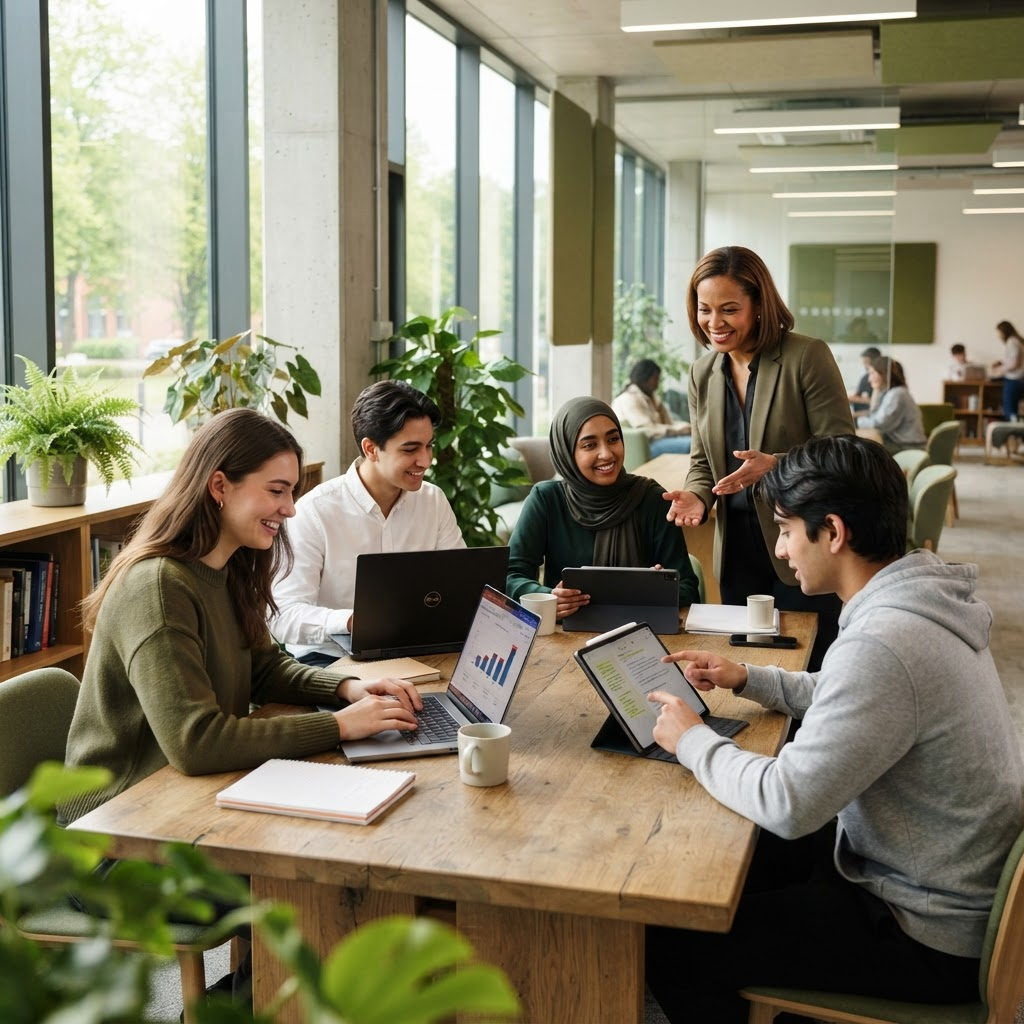 Students using laptops in a modern university learning space