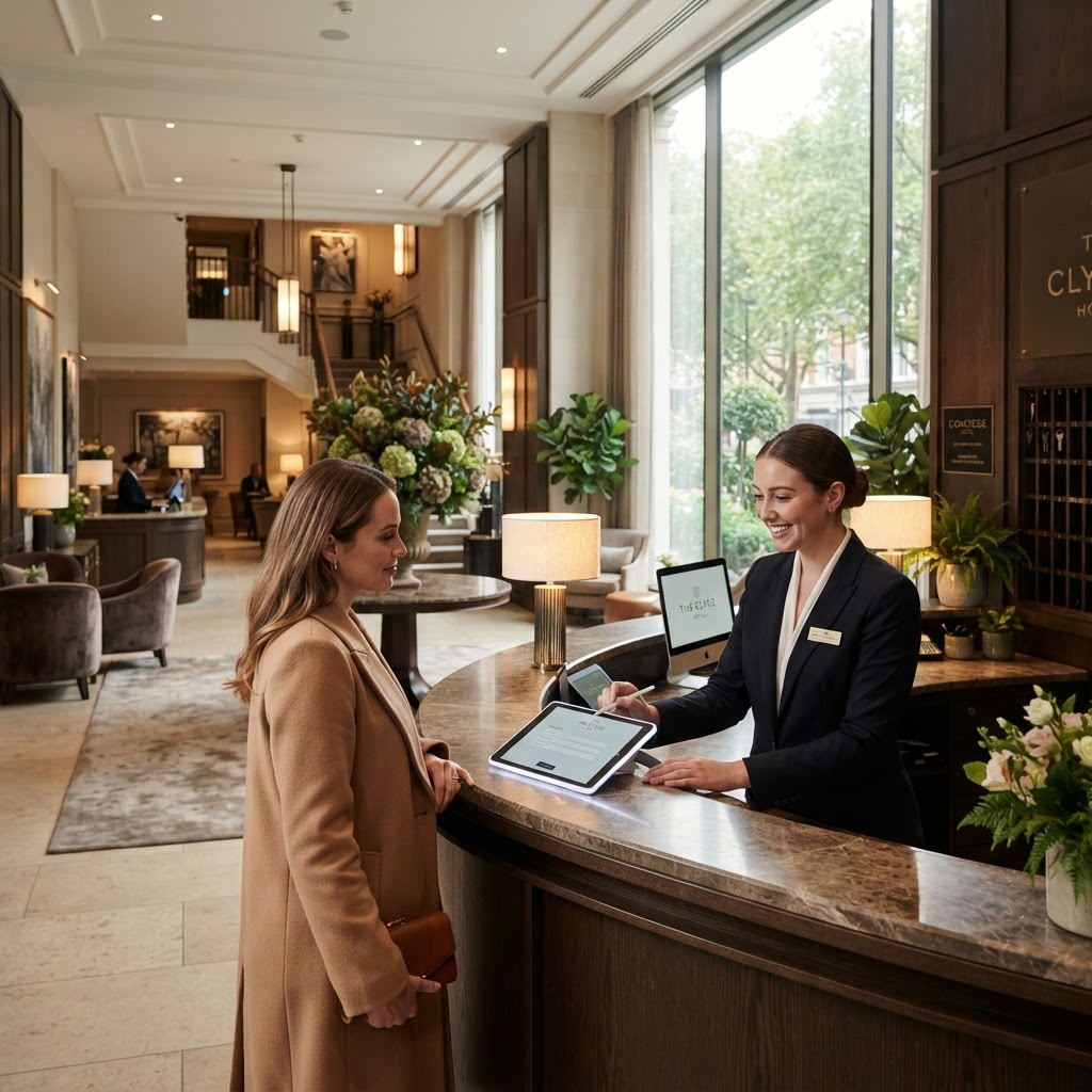Luxury hotel lobby with a receptionist using a tablet check-in system