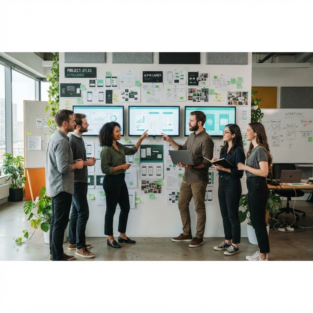 Creative team reviewing project work on a wall of screens
