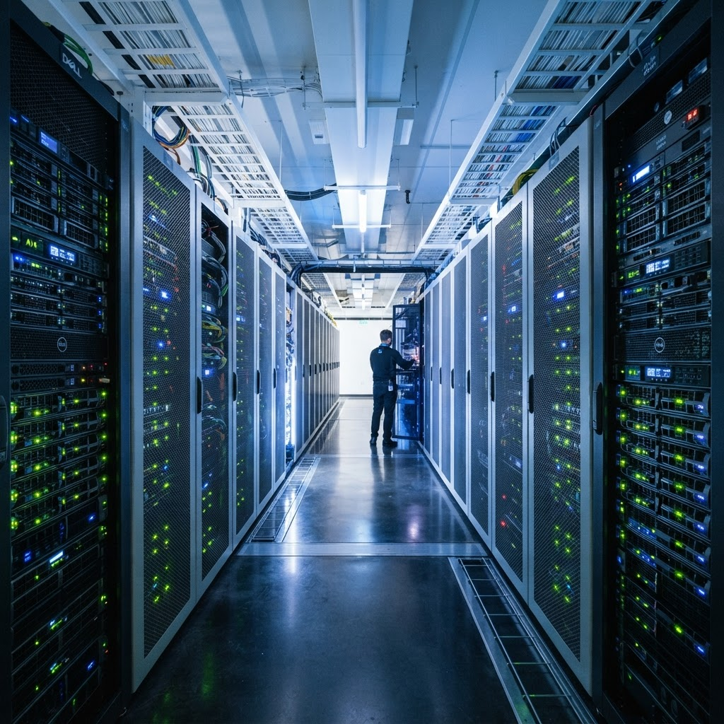 Modern data center corridor with illuminated server racks